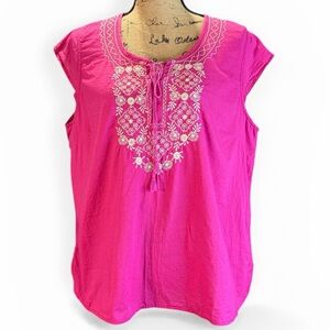 Izod Petite Hot Pink Top with White Embroidered Stitching. EC.  Size PXL